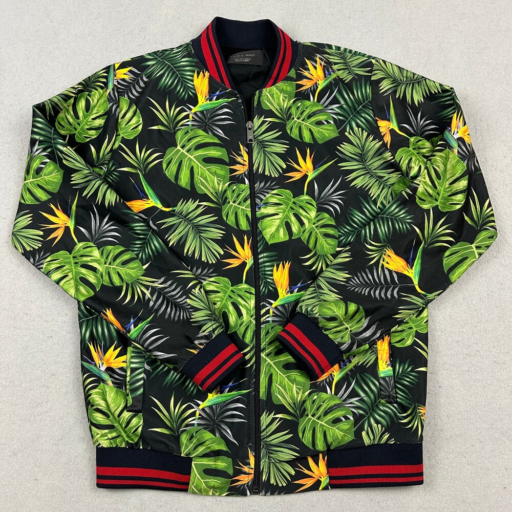Zara Jacket Bomber Men Small Green Tropical Floral Print Full Zip Blade Collar S